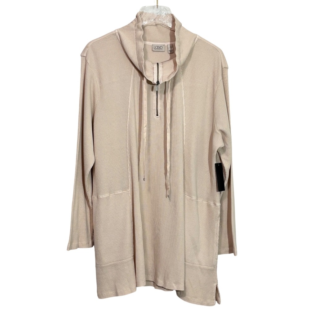 LOGO Lori Goldstein Womens Peach Waffle Knit Zip Mock Neck Tunic Top XLP NEW